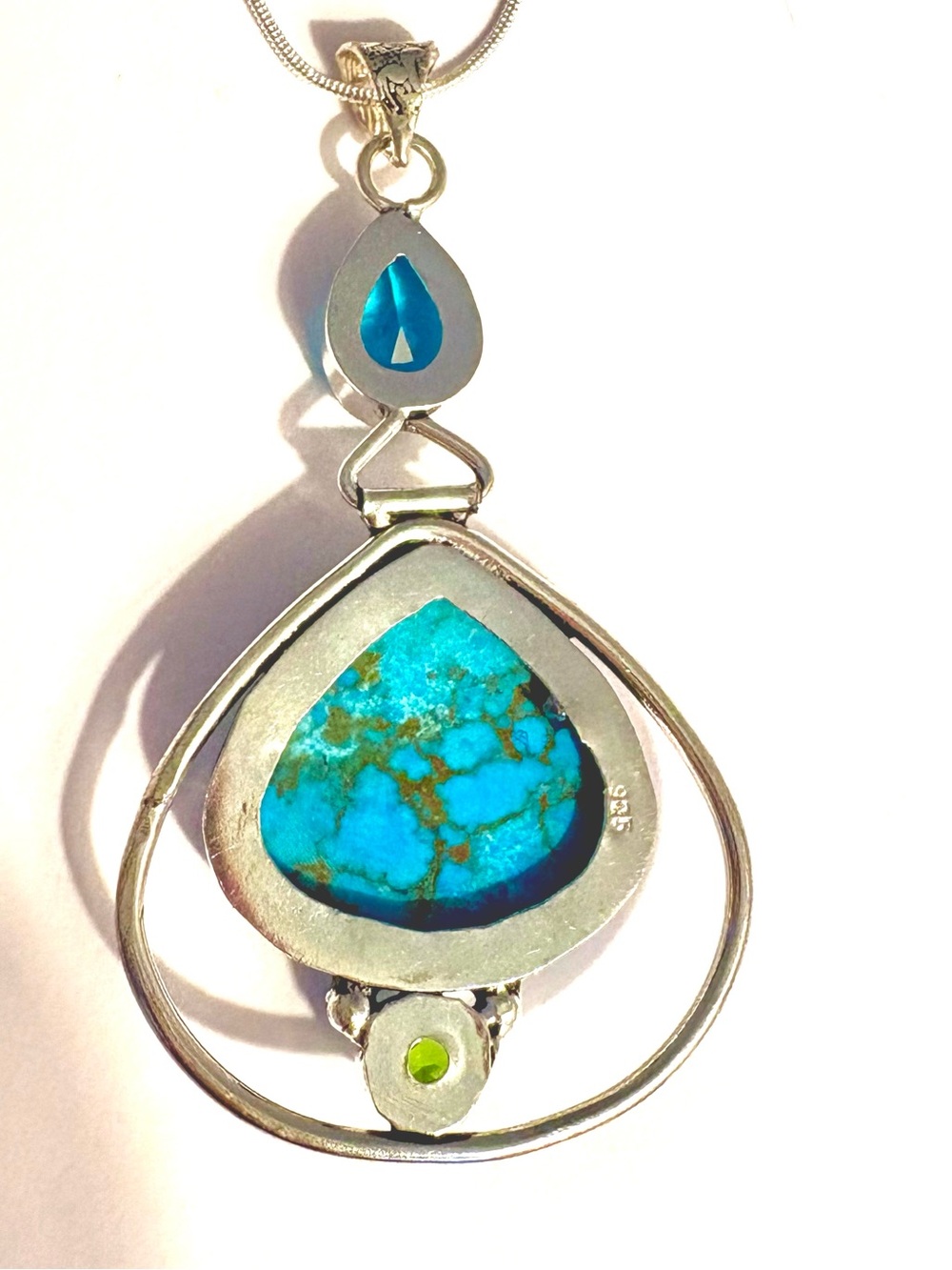 3 inch, 925 marked, hinged, Turquoise, Blue Topaz, Peridot pendant on a chain. - Picture 3 of 3